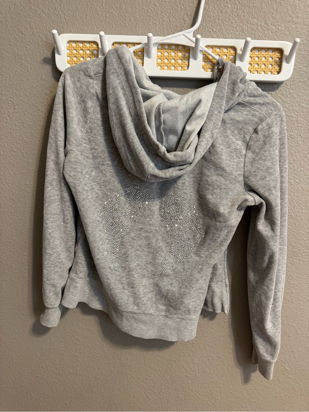 Pink Rose Light Gray Zip-Up Hoodie Bling Angel Wings